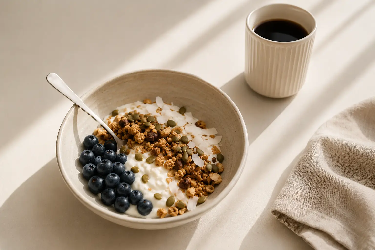 Gesundes Frühstück mit Joghurt, Granola und Blaubeeren — Ernährung in der Morgenroutine