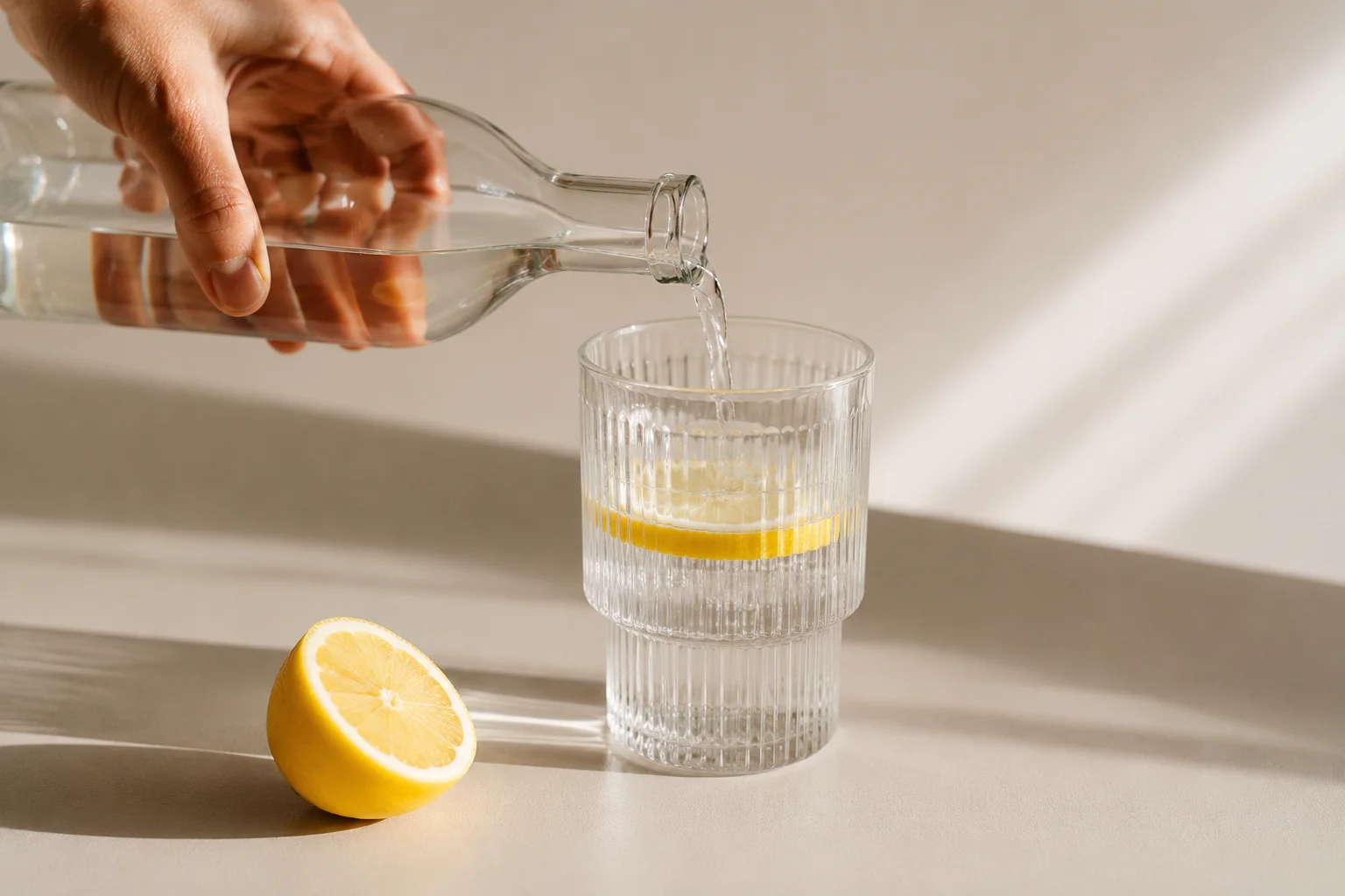 Glas Zitronenwasser am Morgen — Hydration als Teil der Morgenroutine