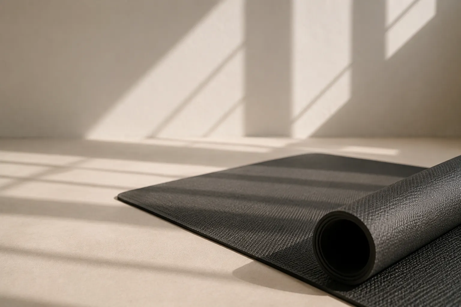 Aufgerollte Yogamatte — Bewegung als Teil der Morgenroutine