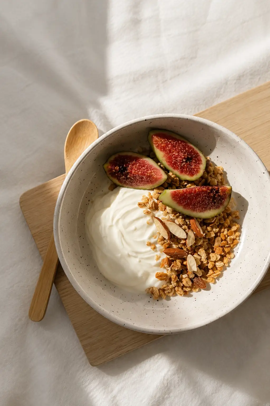 Joghurt-Bowl mit Feigen, Granola und Mandeln — proteinreiches Frühstück für Frauen ab 40