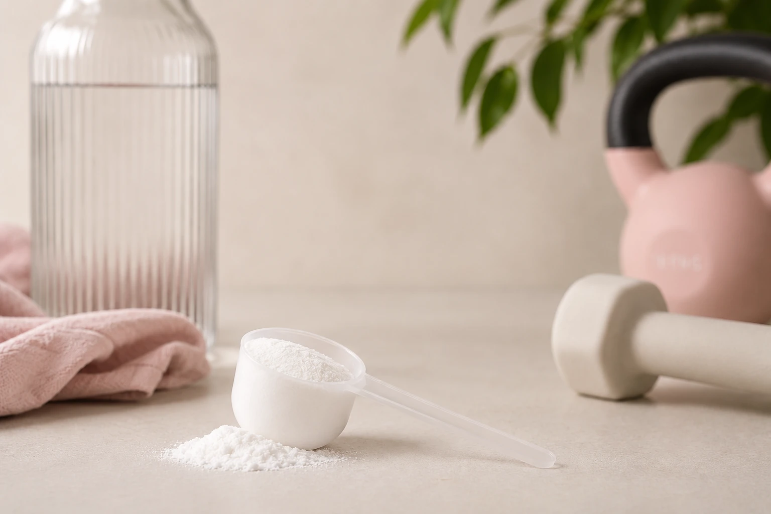 Kreatin-Monohydrat mit Messbecher und Trainingsgeräten — Kreatin für Frauen ab 35